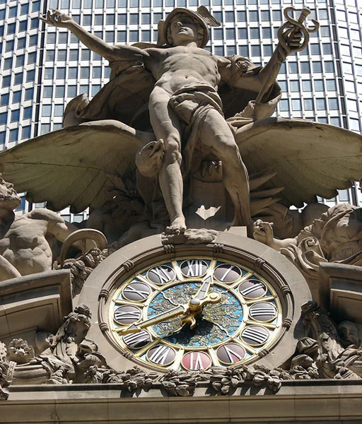 The sculptural group and clock on the exterior of Grand Central Terminal.
